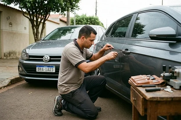 Chaveiro em ação abrindo um carro com ferramentas apropriadas.