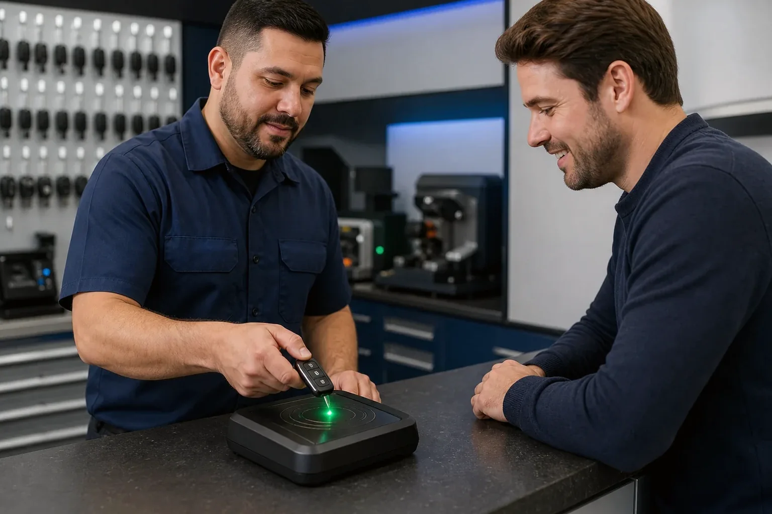 Chaveiro programando chave eletrônica em um dispositivo.