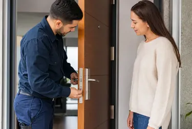Chaveiro realizando a abertura de uma porta com ferramentas especializadas.