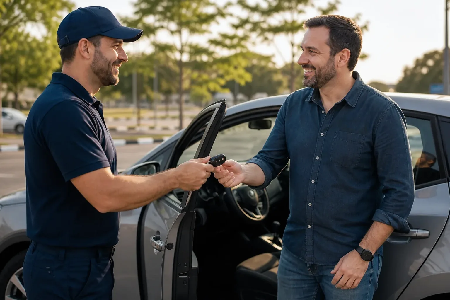 Chaveiro utilizando ferramentas para abrir um carro.