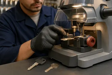 Chaveiro utilizando uma máquina para fazer cópias de chaves.